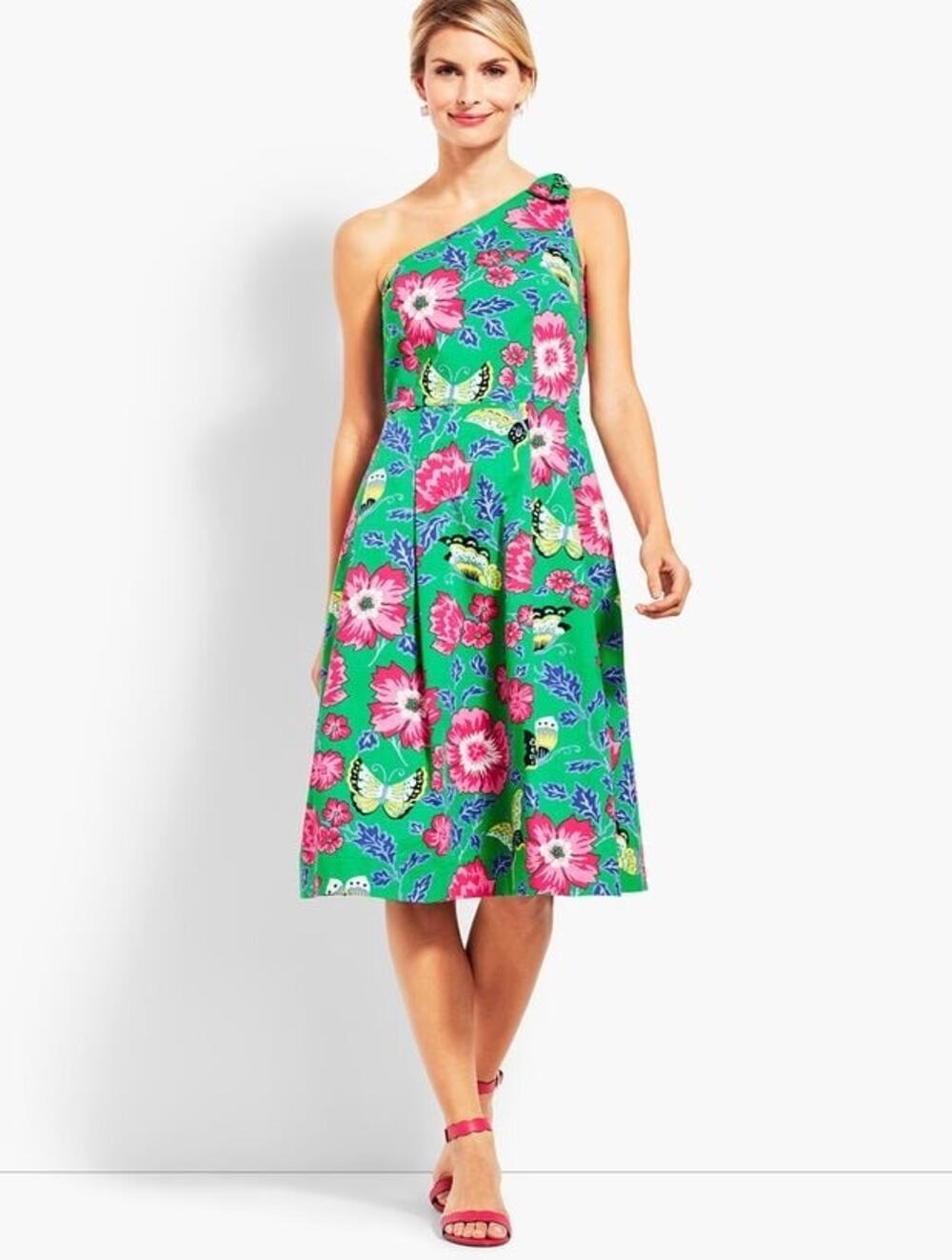 Talbots One Shoulder Fit and Flare Dress Size 14 Floral Butterfly Kelly‎ Green